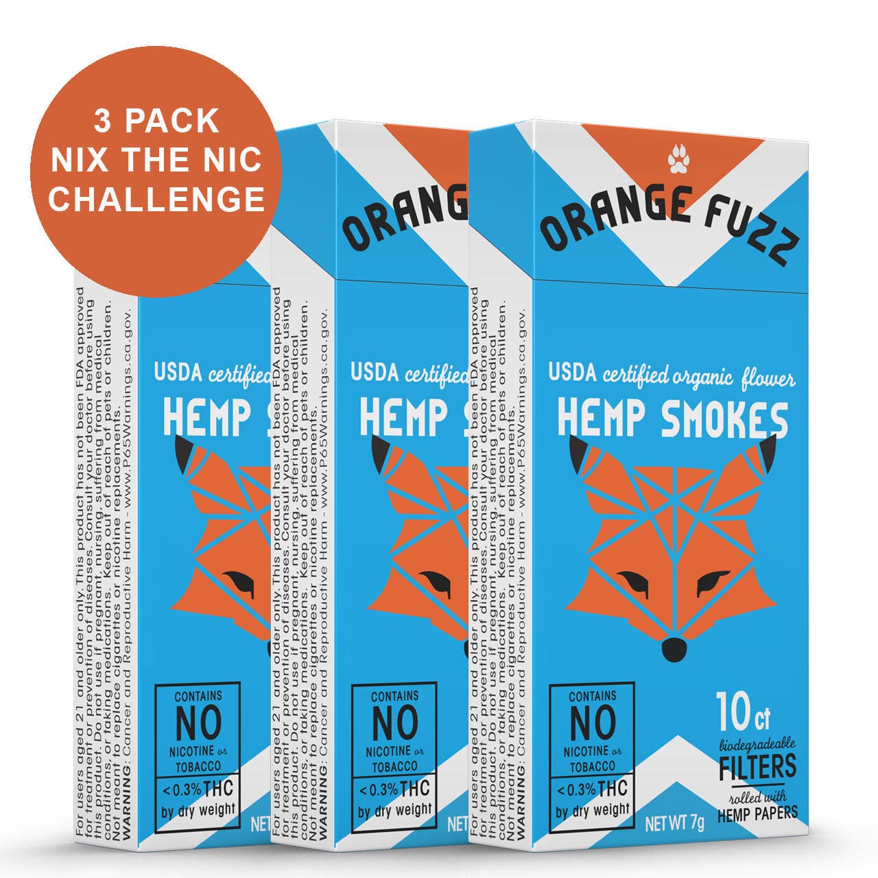3 Pack Orange Fuzz USDA Certified Organic Hemp Smokes - CBD 23% - 30ct